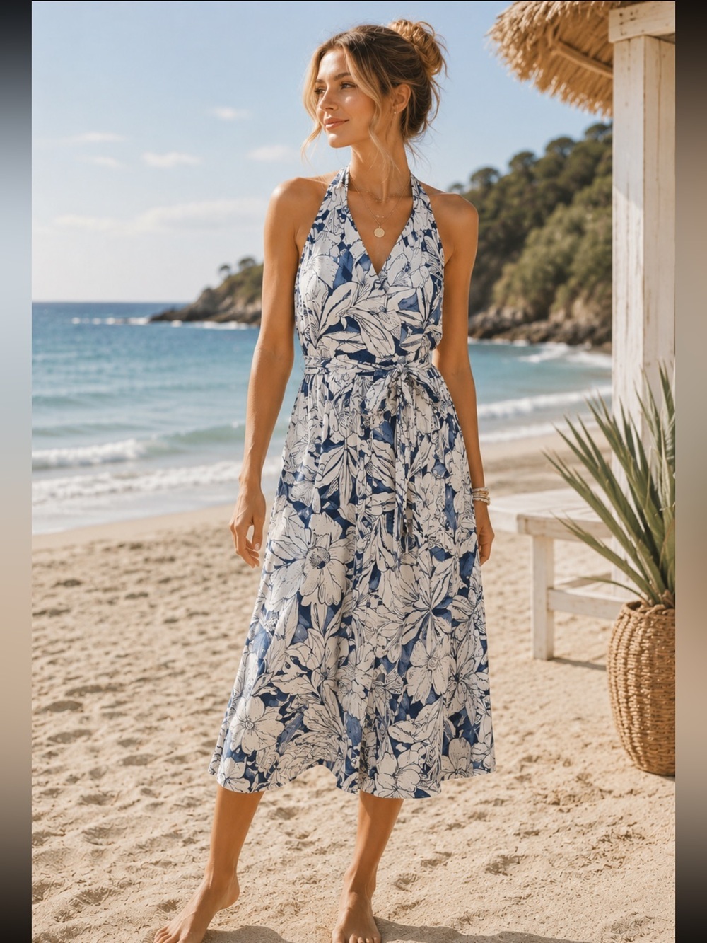 Polo Jeans Co. wrap around halter dress in blue and off white floral Size M